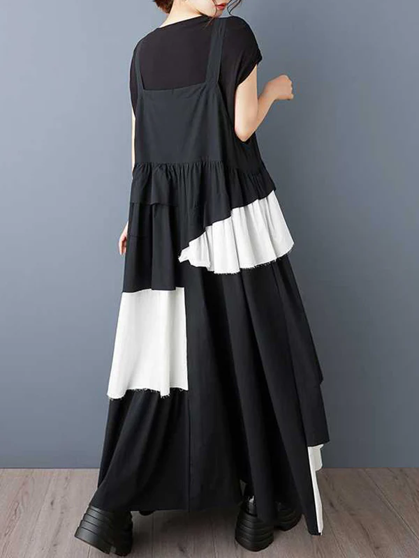 A-Line Loose Asymmetric Buttoned Pleated Spaghetti-Neck Maxi Dresses Suspender Dress - Image 5