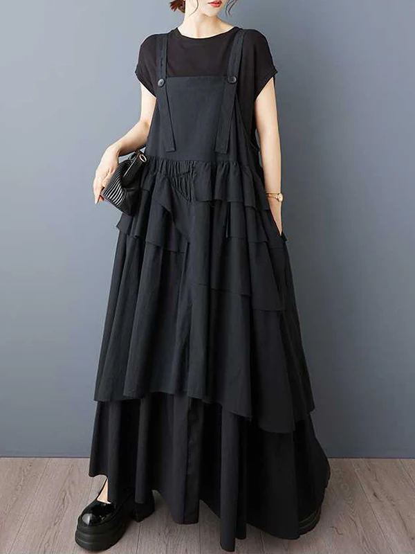 A-Line Loose Asymmetric Buttoned Pleated Spaghetti-Neck Maxi Dresses Suspender Dress - Image 6