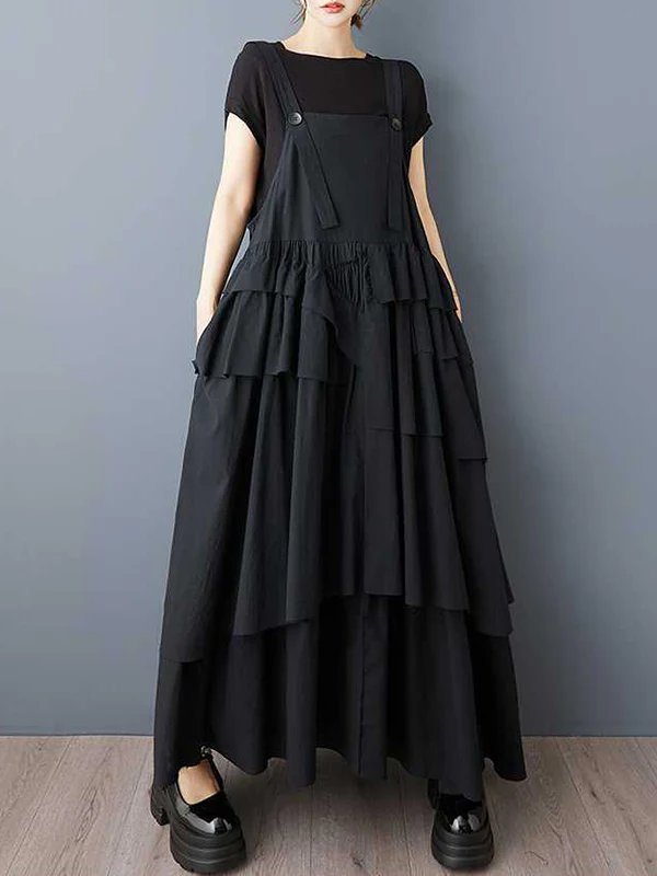 A-Line Loose Asymmetric Buttoned Pleated Spaghetti-Neck Maxi Dresses Suspender Dress - Image 7