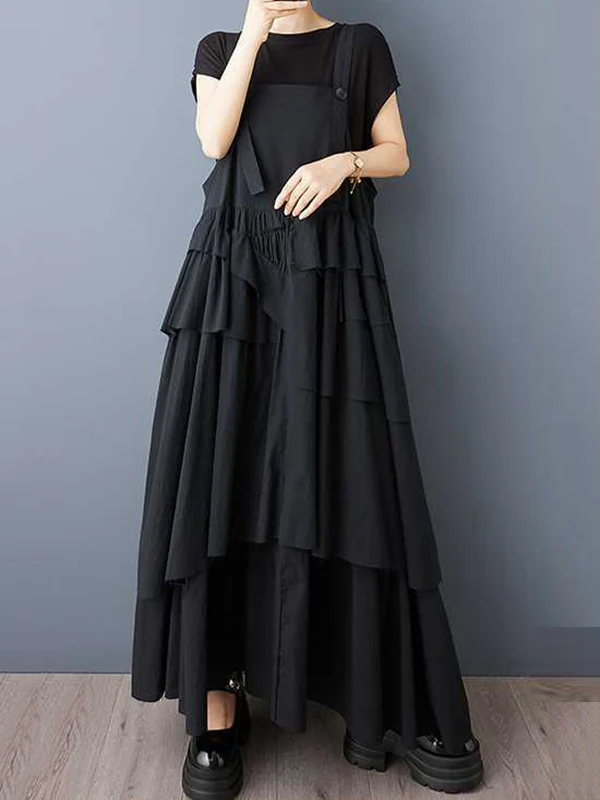 A-Line Loose Asymmetric Buttoned Pleated Spaghetti-Neck Maxi Dresses Suspender Dress - Image 8