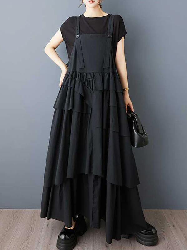 A-Line Loose Asymmetric Buttoned Pleated Spaghetti-Neck Maxi Dresses Suspender Dress - Image 9
