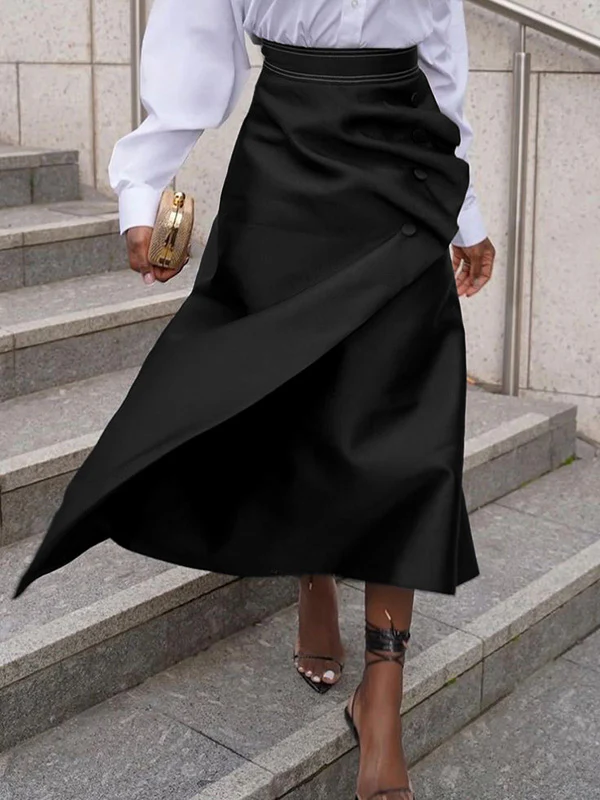 A-Line Loose Asymmetric Buttoned Pleated Split-Joint Skirts - Image 2