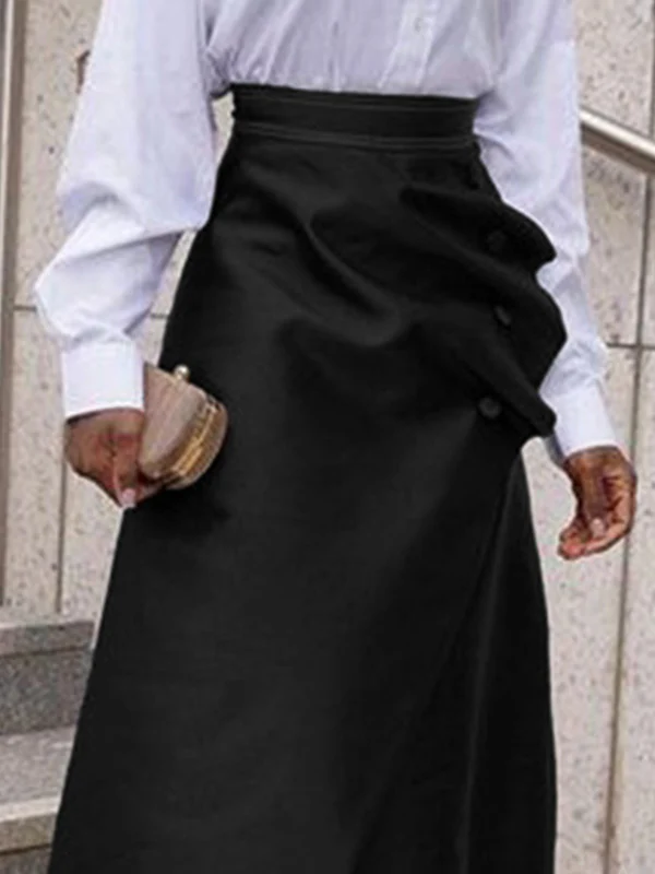 A-Line Loose Asymmetric Buttoned Pleated Split-Joint Skirts - Image 3