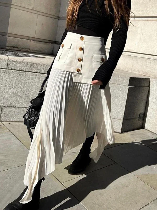 A-Line Loose Asymmetric Buttoned Pleated Split-Joint Zipper Skirts Bottoms - Image 2