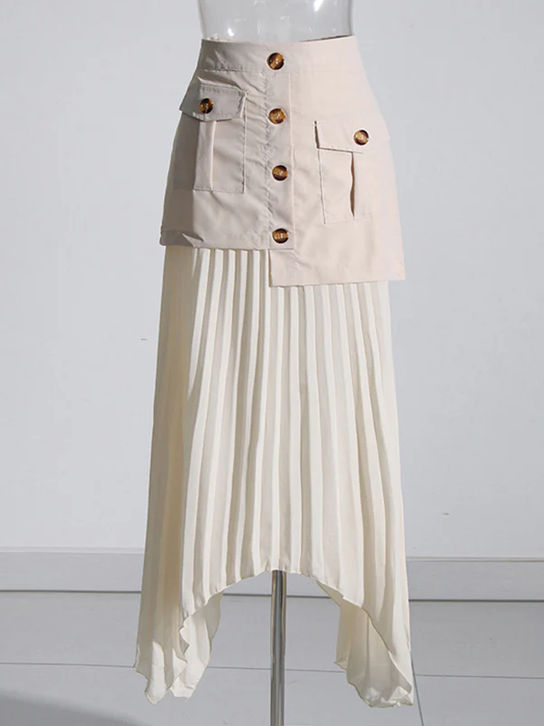 A-Line Loose Asymmetric Buttoned Pleated Split-Joint Zipper Skirts Bottoms - Image 3