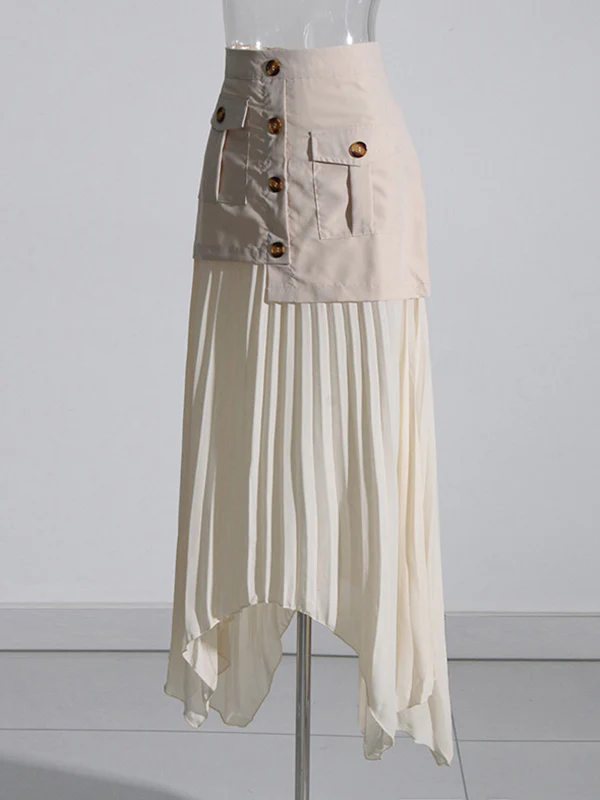 A-Line Loose Asymmetric Buttoned Pleated Split-Joint Zipper Skirts Bottoms - Image 4