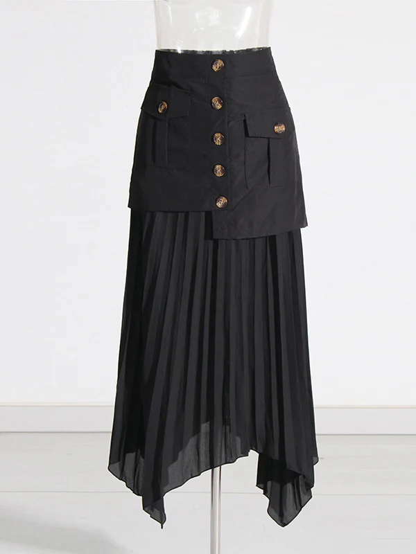 A-Line Loose Asymmetric Buttoned Pleated Split-Joint Zipper Skirts Bottoms - Image 6