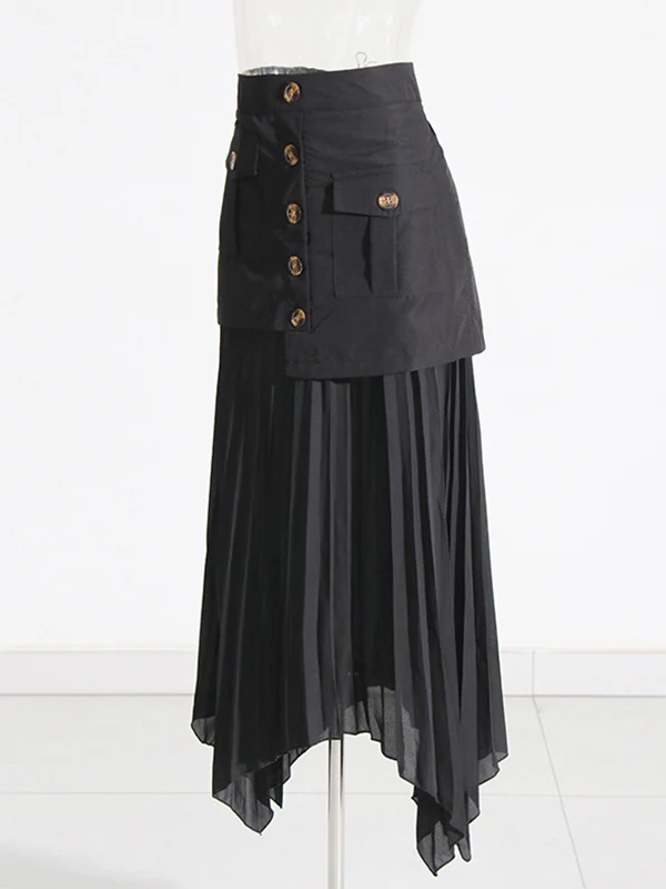 A-Line Loose Asymmetric Buttoned Pleated Split-Joint Zipper Skirts Bottoms - Image 7