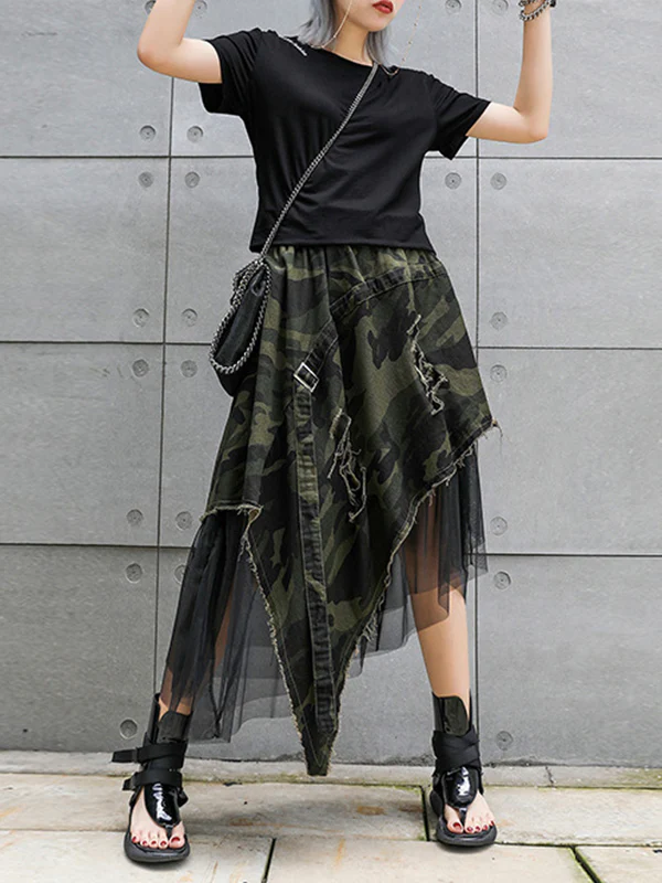 A-Line Loose Asymmetric Camouflage Elasticity Fringed Mesh Split-Joint Skirts Bottoms - Image 10