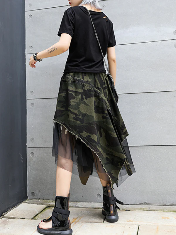 A-Line Loose Asymmetric Camouflage Elasticity Fringed Mesh Split-Joint Skirts Bottoms - Image 11