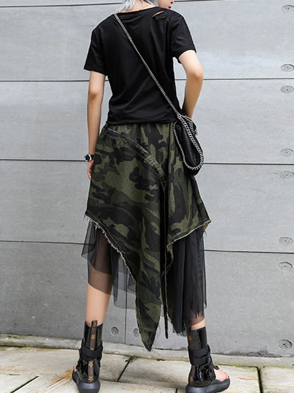 A-Line Loose Asymmetric Camouflage Elasticity Fringed Mesh Split-Joint Skirts Bottoms - Image 12