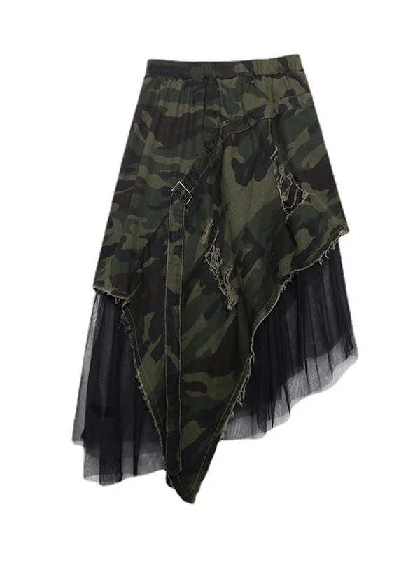 A-Line Loose Asymmetric Camouflage Elasticity Fringed Mesh Split-Joint Skirts Bottoms - Image 13