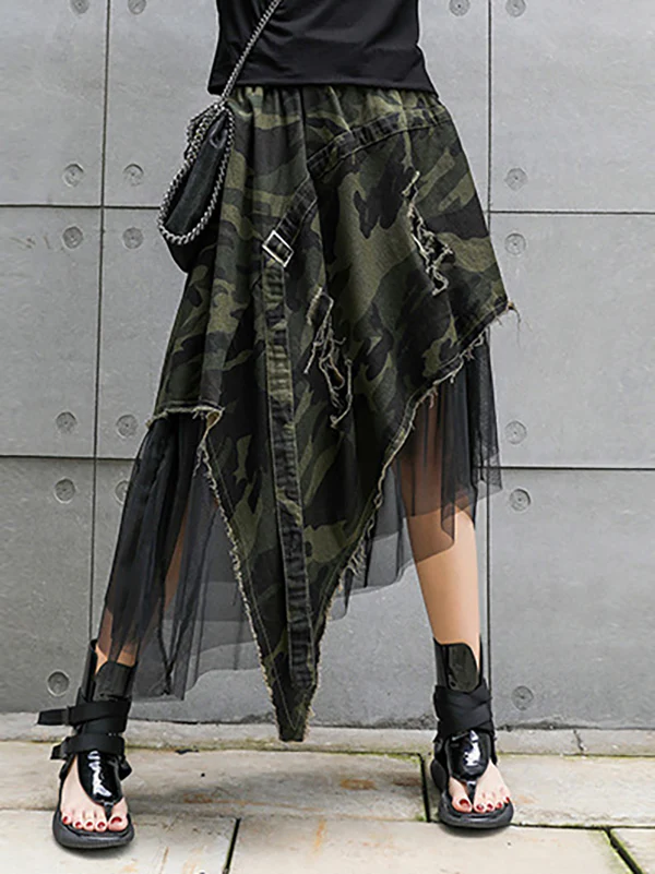 A-Line Loose Asymmetric Camouflage Elasticity Fringed Mesh Split-Joint Skirts Bottoms - Image 2