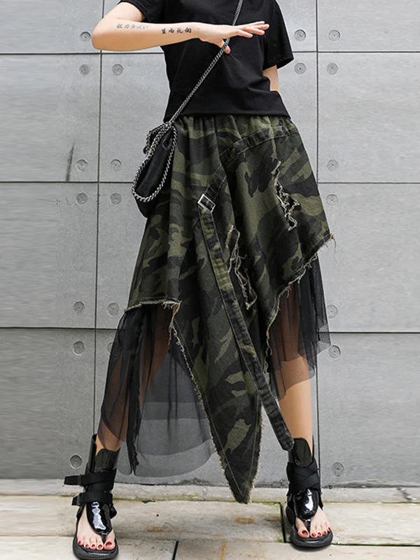 A-Line Loose Asymmetric Camouflage Elasticity Fringed Mesh Split-Joint Skirts Bottoms - Image 3