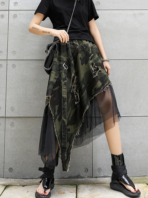 A-Line Loose Asymmetric Camouflage Elasticity Fringed Mesh Split-Joint Skirts Bottoms - Image 4