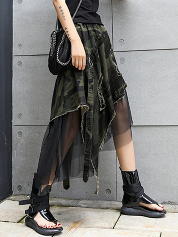 A-Line Loose Asymmetric Camouflage Elasticity Fringed Mesh Split-Joint Skirts Bottoms - Image 5