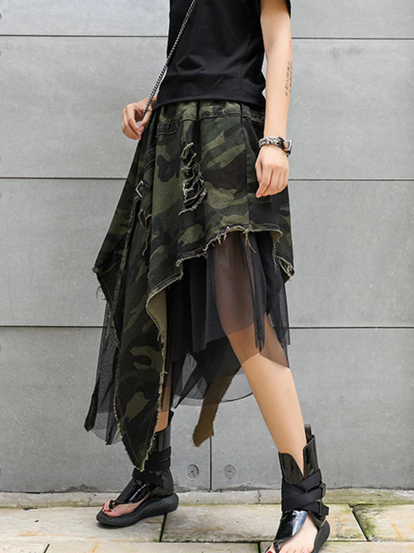 A-Line Loose Asymmetric Camouflage Elasticity Fringed Mesh Split-Joint Skirts Bottoms - Image 6