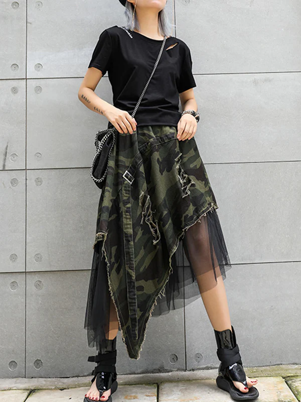 A-Line Loose Asymmetric Camouflage Elasticity Fringed Mesh Split-Joint Skirts Bottoms - Image 7