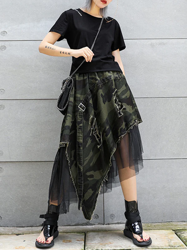 A-Line Loose Asymmetric Camouflage Elasticity Fringed Mesh Split-Joint Skirts Bottoms - Image 8