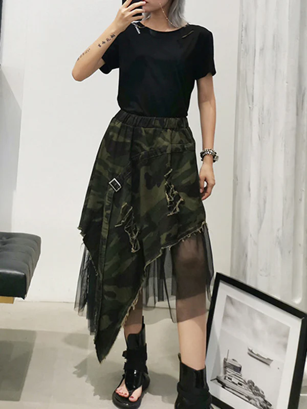 A-Line Loose Asymmetric Camouflage Elasticity Fringed Mesh Split-Joint Skirts Bottoms - Image 9