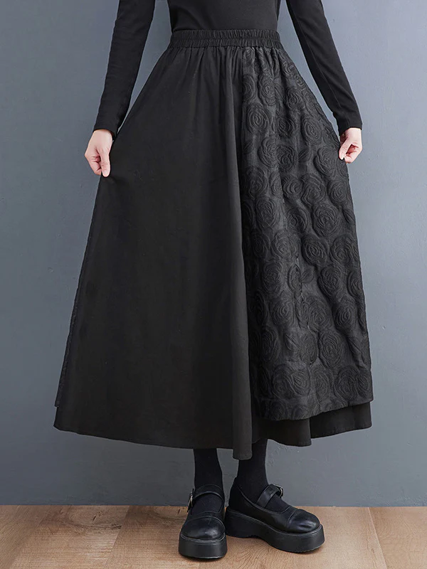 A-Line Loose Asymmetric Elasticity Jacquard Solid Color Skirts Bottoms - Image 3