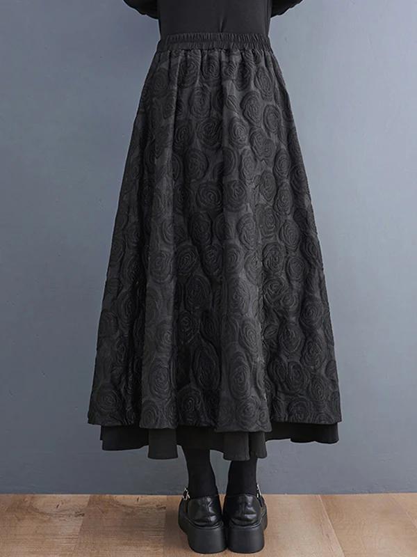 A-Line Loose Asymmetric Elasticity Jacquard Solid Color Skirts Bottoms - Image 5