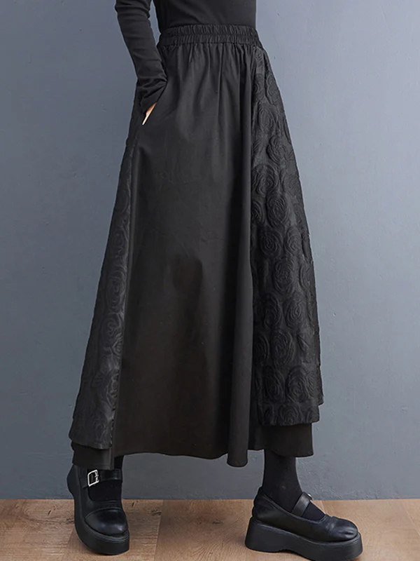 A-Line Loose Asymmetric Elasticity Jacquard Solid Color Skirts Bottoms - Image 7