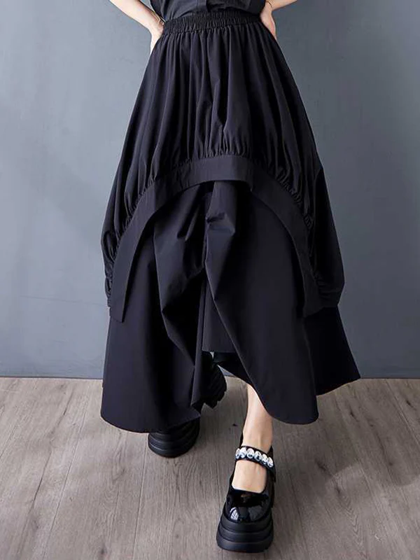 A-Line Loose Asymmetric Elasticity Pleated Pockets Solid Color Skirts Bottoms - Image 10