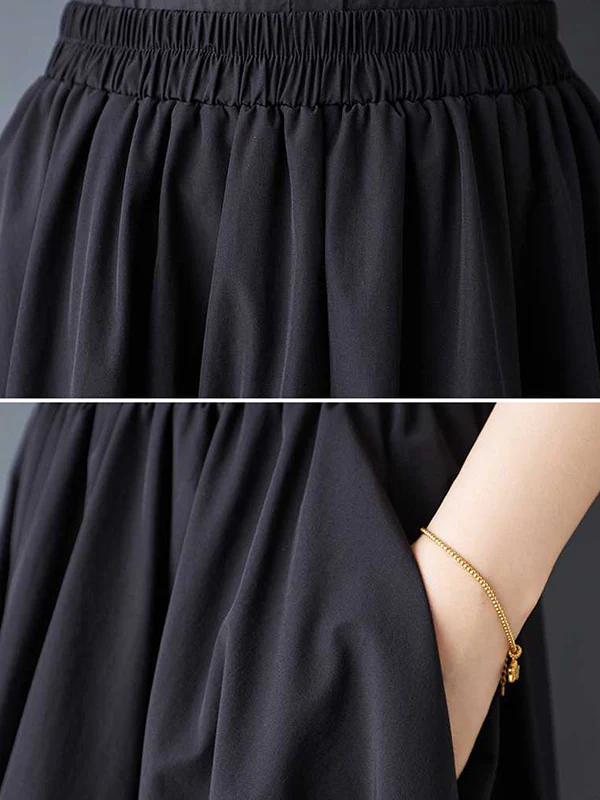 A-Line Loose Asymmetric Elasticity Pleated Pockets Solid Color Skirts Bottoms - Image 11