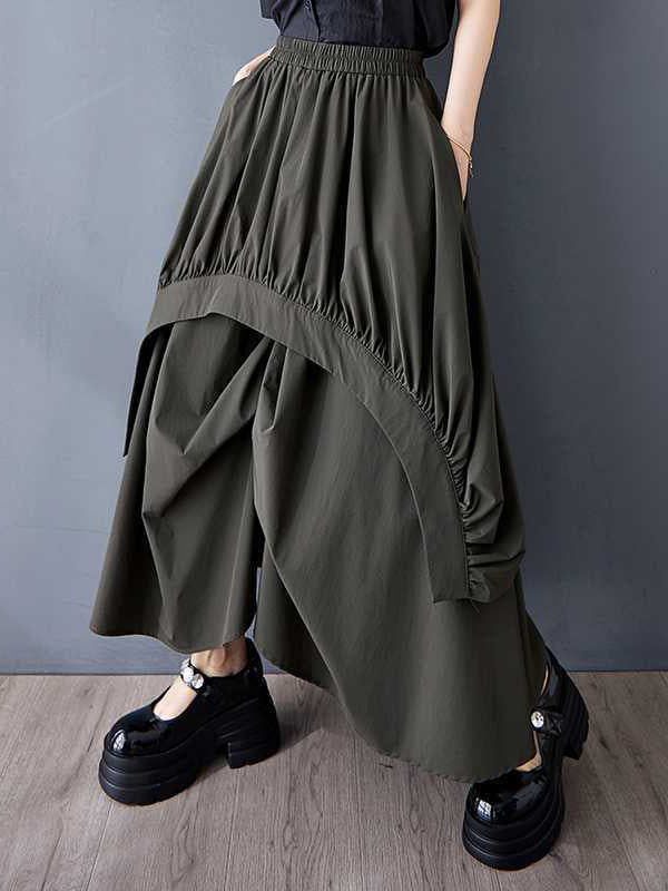 A-Line Loose Asymmetric Elasticity Pleated Pockets Solid Color Skirts Bottoms - Image 2