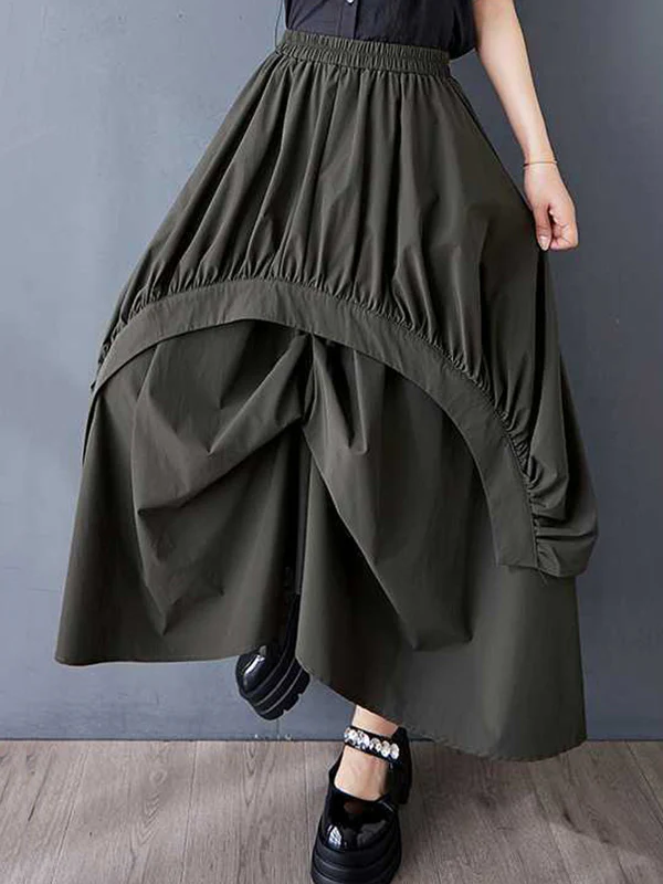 A-Line Loose Asymmetric Elasticity Pleated Pockets Solid Color Skirts Bottoms - Image 3