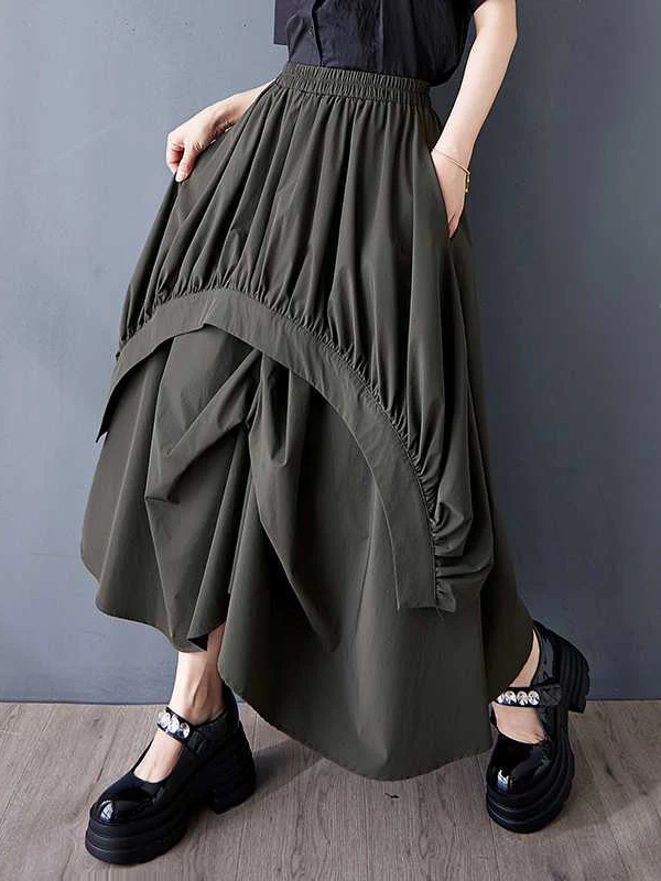 A-Line Loose Asymmetric Elasticity Pleated Pockets Solid Color Skirts Bottoms - Image 4