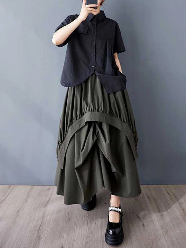 A-Line Loose Asymmetric Elasticity Pleated Pockets Solid Color Skirts Bottoms - Image 5