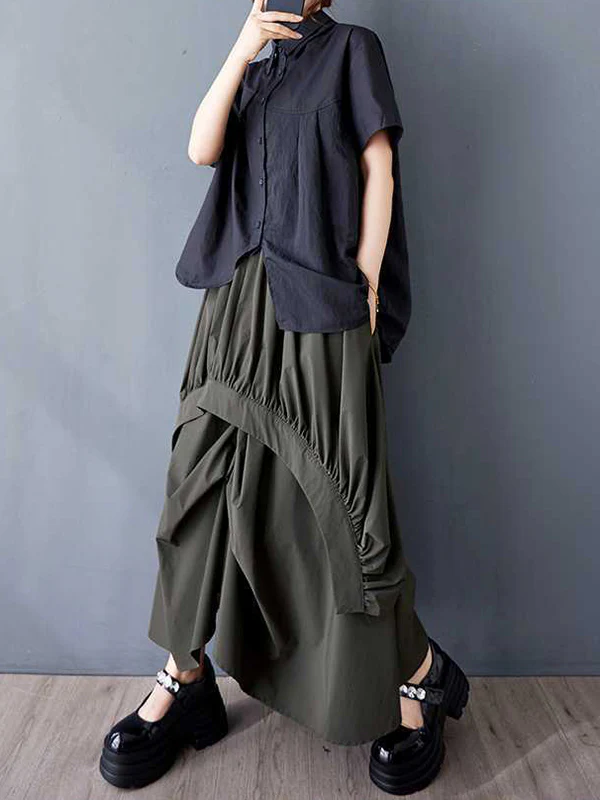 A-Line Loose Asymmetric Elasticity Pleated Pockets Solid Color Skirts Bottoms - Image 6