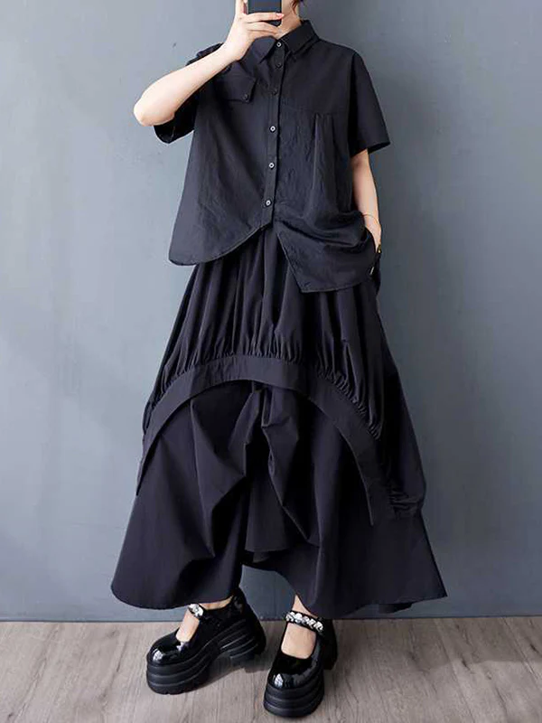 A-Line Loose Asymmetric Elasticity Pleated Pockets Solid Color Skirts Bottoms - Image 7