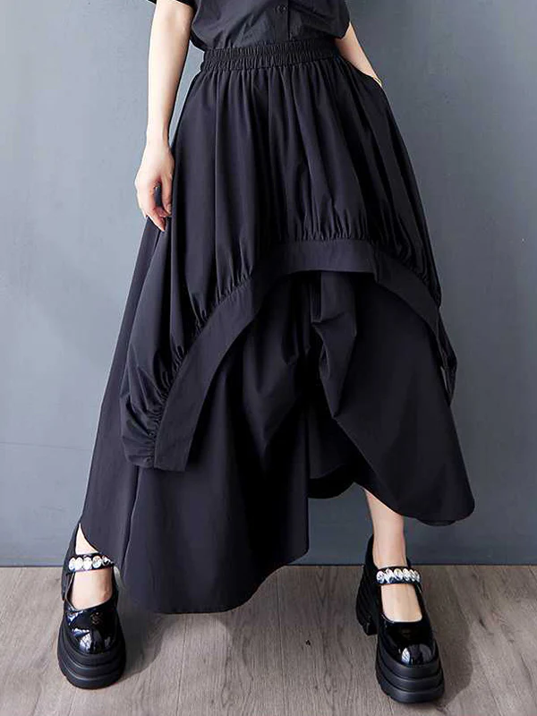 A-Line Loose Asymmetric Elasticity Pleated Pockets Solid Color Skirts Bottoms - Image 8