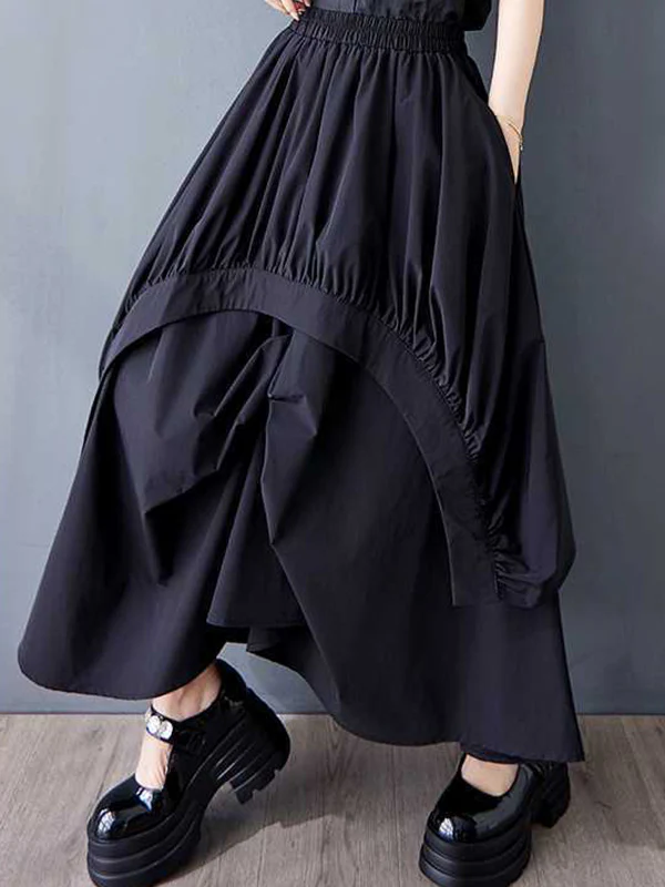 A-Line Loose Asymmetric Elasticity Pleated Pockets Solid Color Skirts Bottoms - Image 9