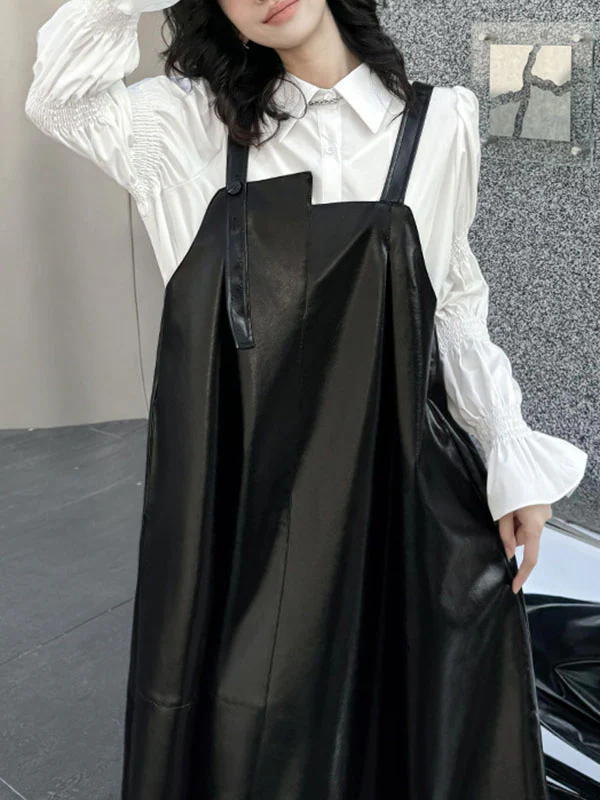 A-Line Loose Asymmetric Pleated Solid Color Split-Joint Square-Neck Midi Dresses Slip Dress - Image 10