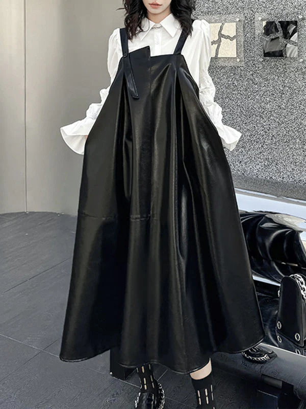 A-Line Loose Asymmetric Pleated Solid Color Split-Joint Square-Neck Midi Dresses Slip Dress - Image 2