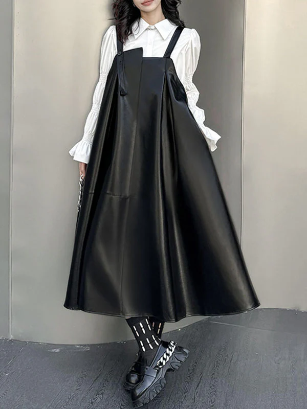 A-Line Loose Asymmetric Pleated Solid Color Split-Joint Square-Neck Midi Dresses Slip Dress - Image 3