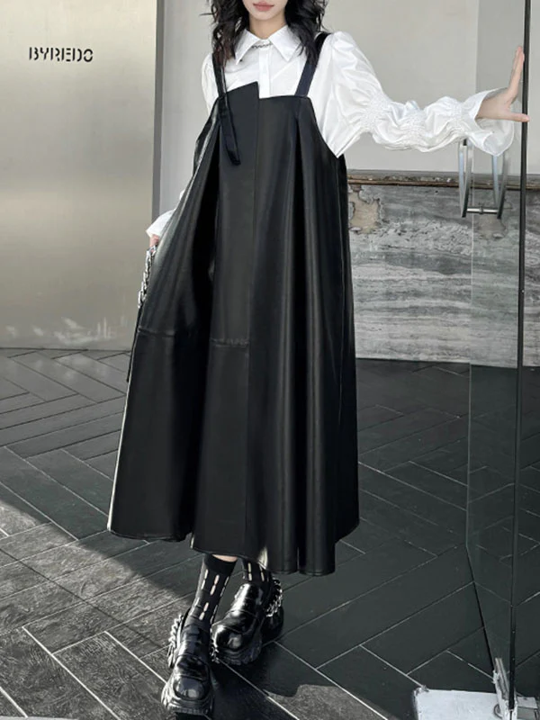 A-Line Loose Asymmetric Pleated Solid Color Split-Joint Square-Neck Midi Dresses Slip Dress - Image 4