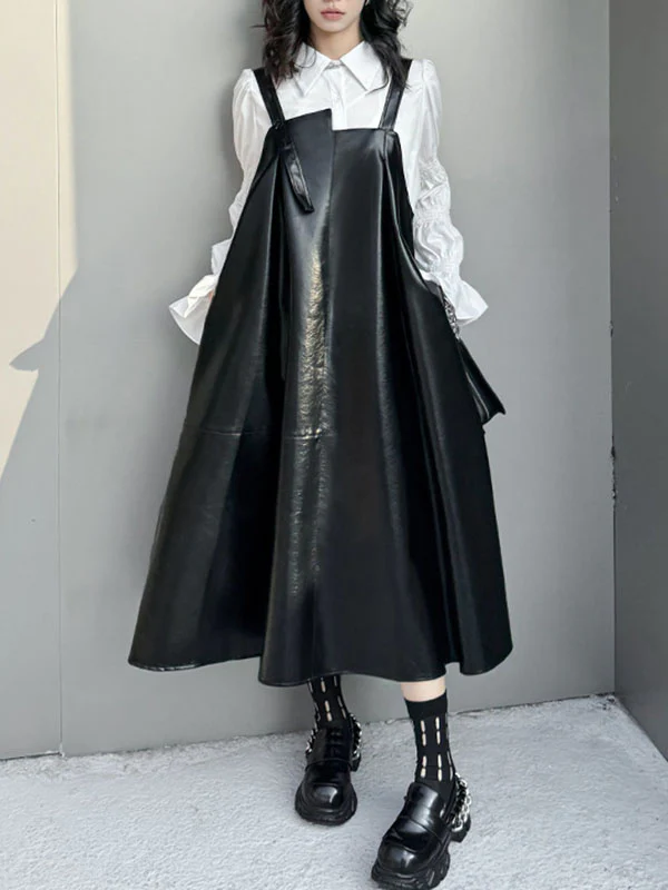 A-Line Loose Asymmetric Pleated Solid Color Split-Joint Square-Neck Midi Dresses Slip Dress - Image 5