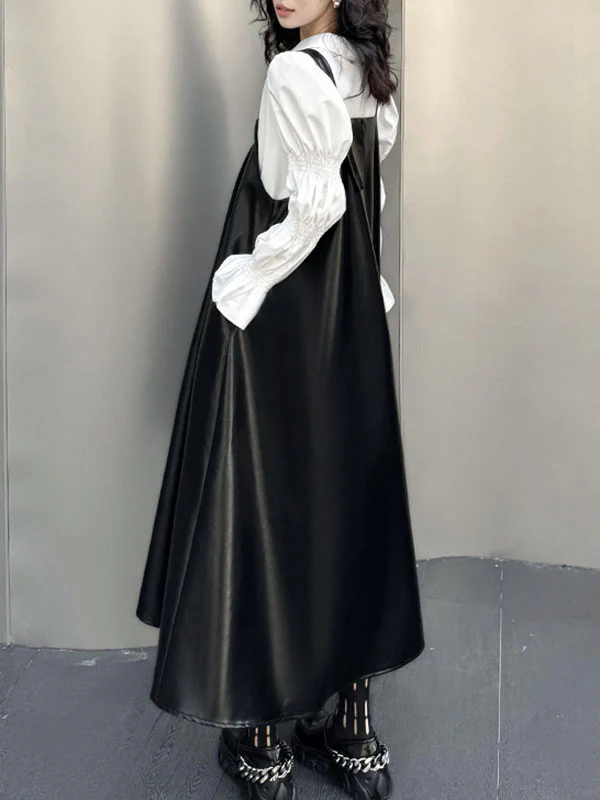 A-Line Loose Asymmetric Pleated Solid Color Split-Joint Square-Neck Midi Dresses Slip Dress - Image 6