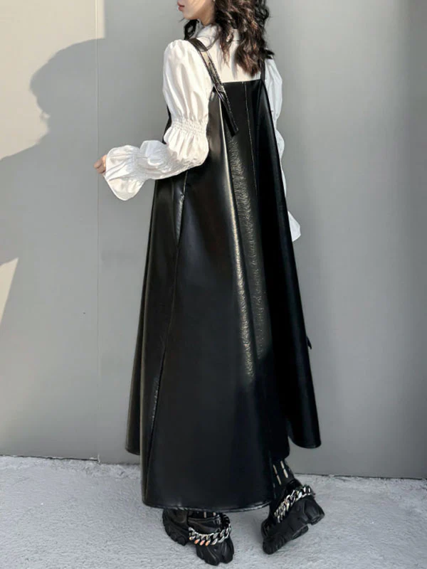 A-Line Loose Asymmetric Pleated Solid Color Split-Joint Square-Neck Midi Dresses Slip Dress - Image 7