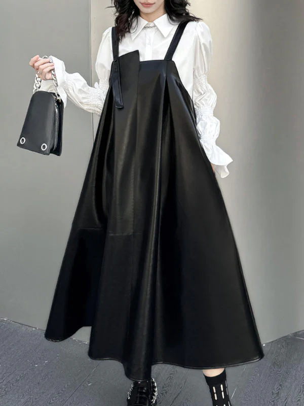 A-Line Loose Asymmetric Pleated Solid Color Split-Joint Square-Neck Midi Dresses Slip Dress - Image 8