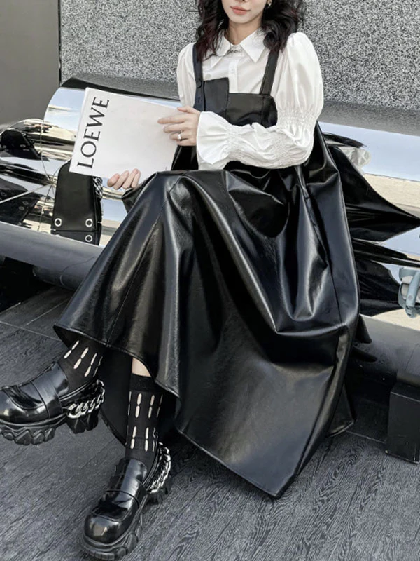A-Line Loose Asymmetric Pleated Solid Color Split-Joint Square-Neck Midi Dresses Slip Dress - Image 9