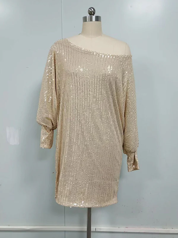 A-Line Loose Asymmetric Sequined Solid Color One-Shoulder Mini Dresses - Image 10