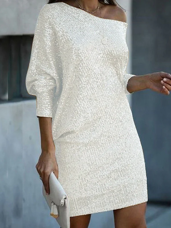 A-Line Loose Asymmetric Sequined Solid Color One-Shoulder Mini Dresses - Image 3