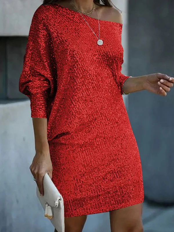 A-Line Loose Asymmetric Sequined Solid Color One-Shoulder Mini Dresses - Image 4
