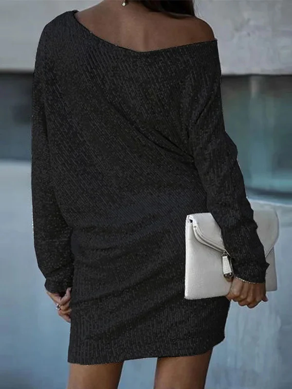 A-Line Loose Asymmetric Sequined Solid Color One-Shoulder Mini Dresses - Image 7